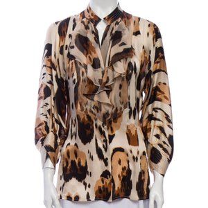 ROBERTO CAVALLI Silk Ruffled Animal Print Blouse